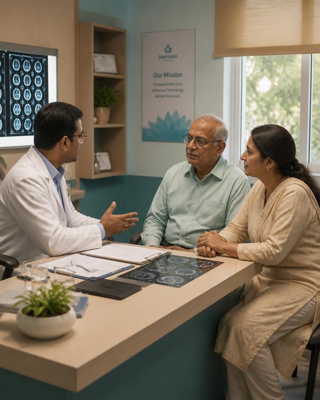 A doctor discussing scans with a patient and their family member across a desk