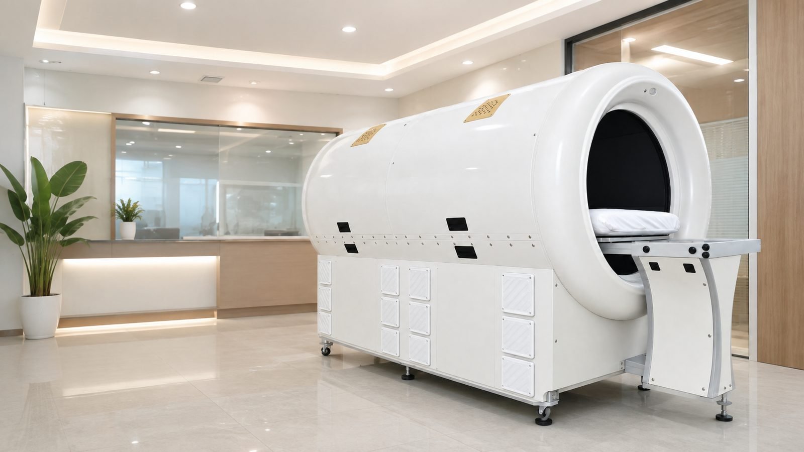 The wide-bore Cytotron gantry with its moving patient bed