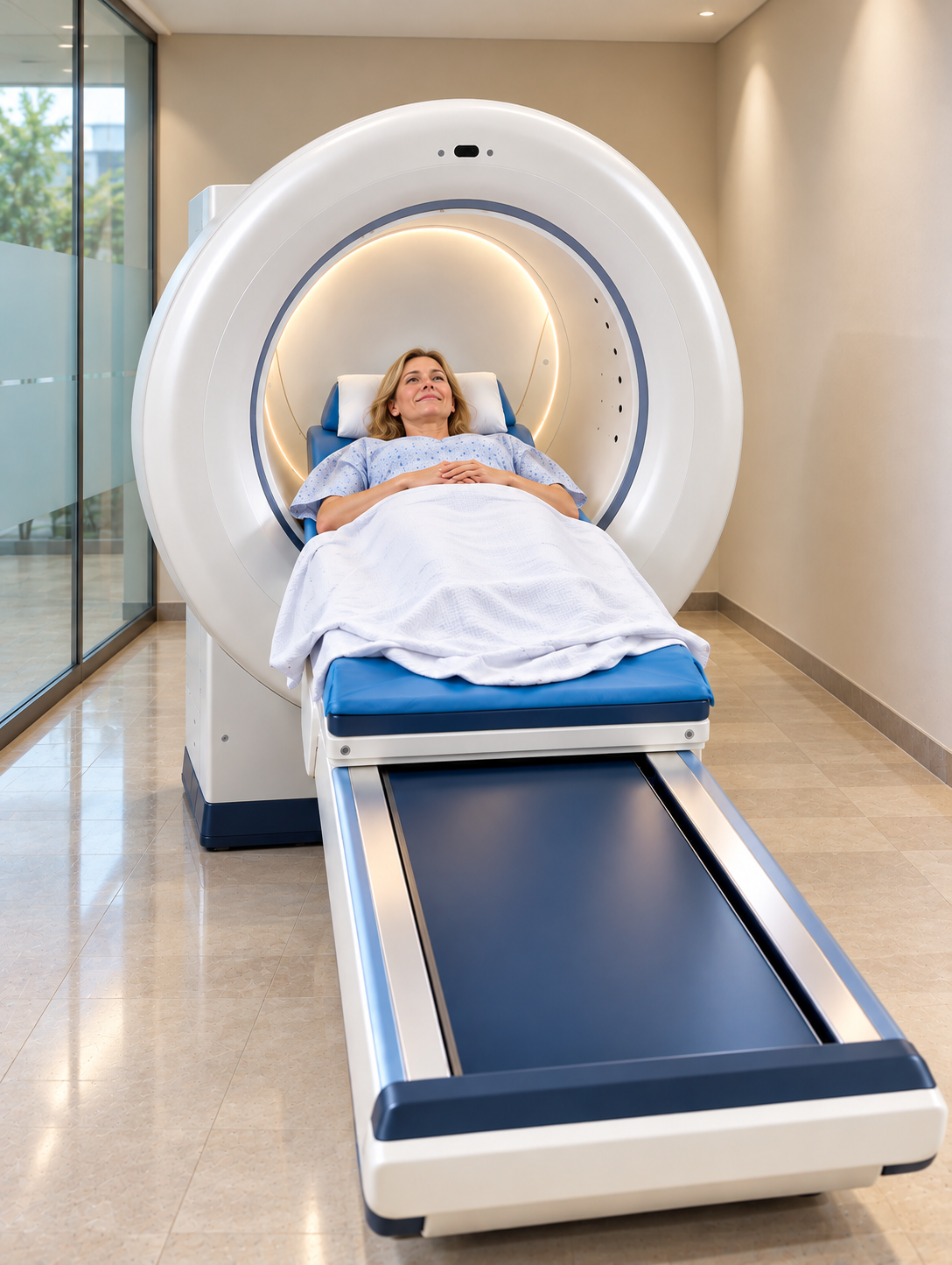 A patient resting comfortably on the Cytotron bed inside the wide-bore device