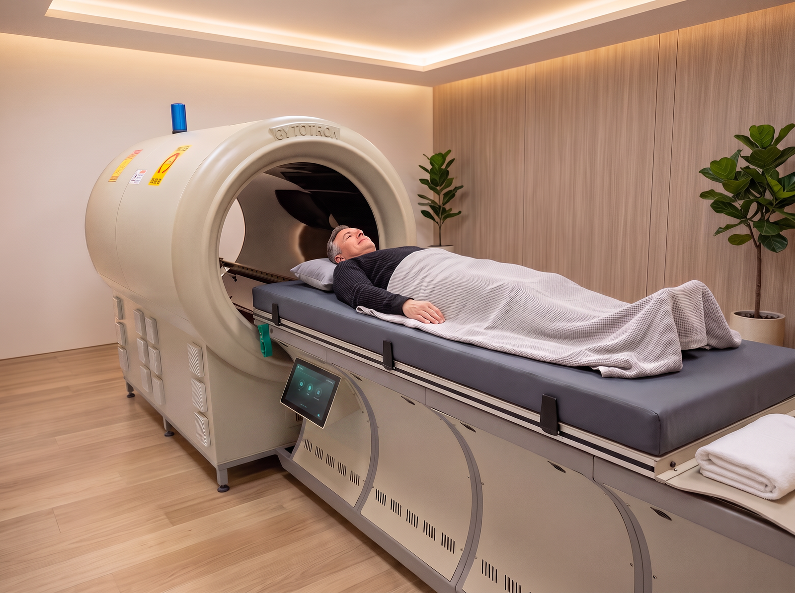 A patient lying comfortably and fully clothed on the Cytotron couch during a session